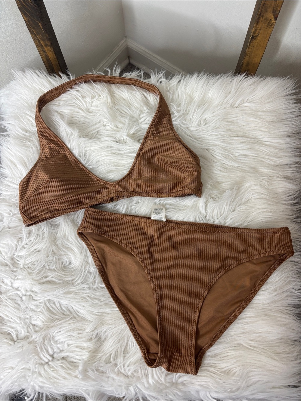 aerie Ribbed Chocolate Brown Bikini Set - Triangle Top & High-Cut Bottoms